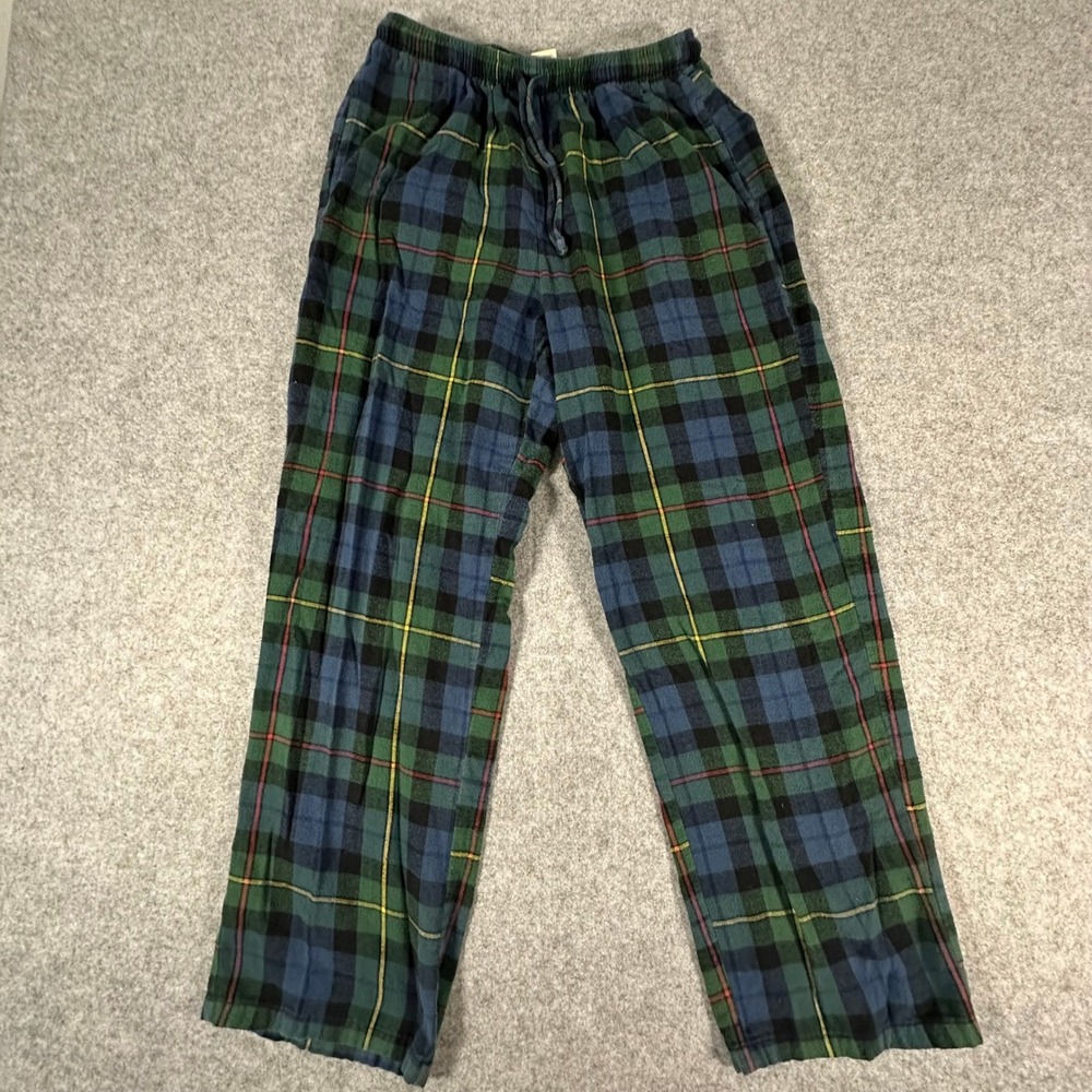 LL Bean Pajama Pants Mens Medium Green Blue Plaid Cotton Flannel Sleepwear